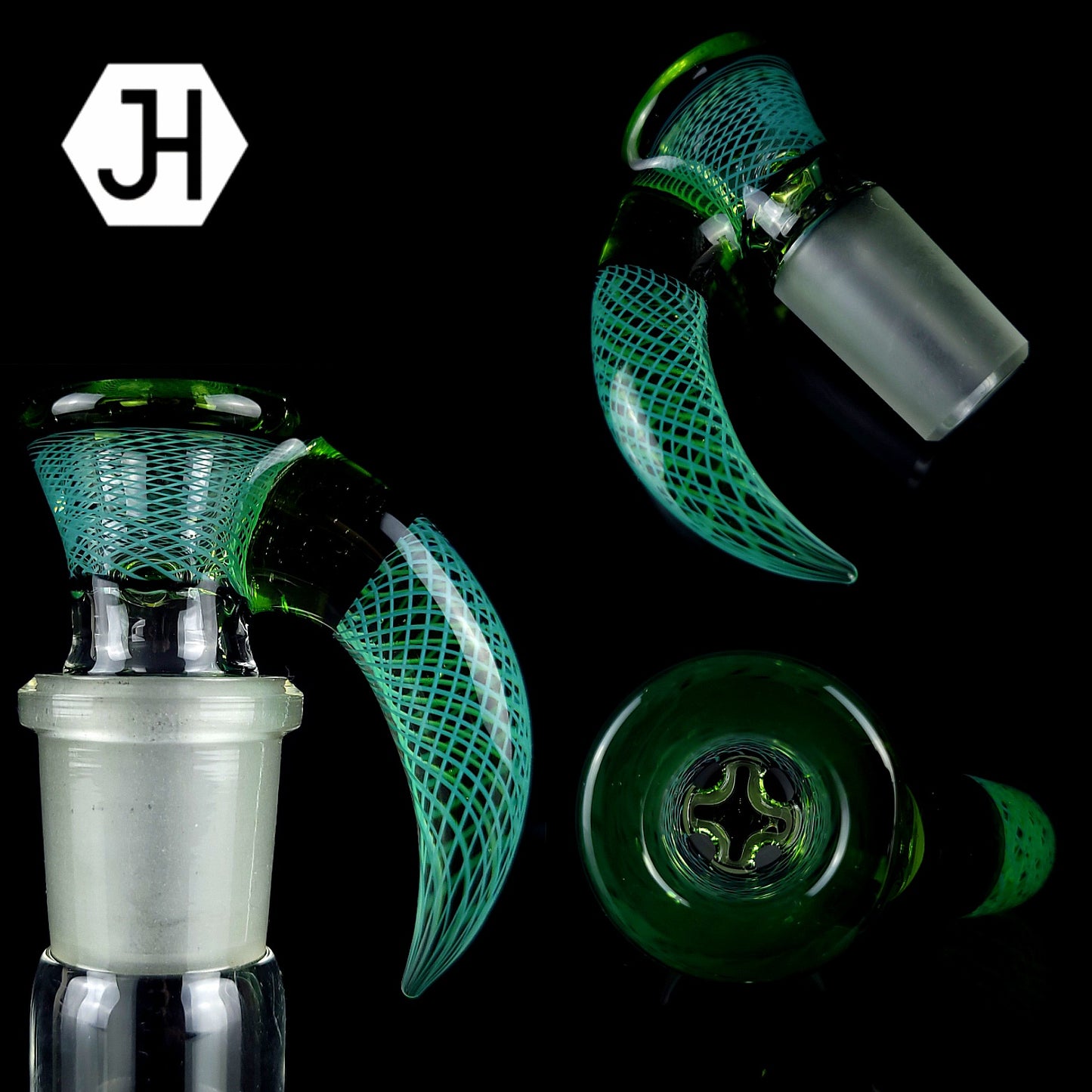 J Honey Glass - Coulisse Retti 4 trous 18 mm avec corne - Aqua Reticello opaque avec accents d'absinthe