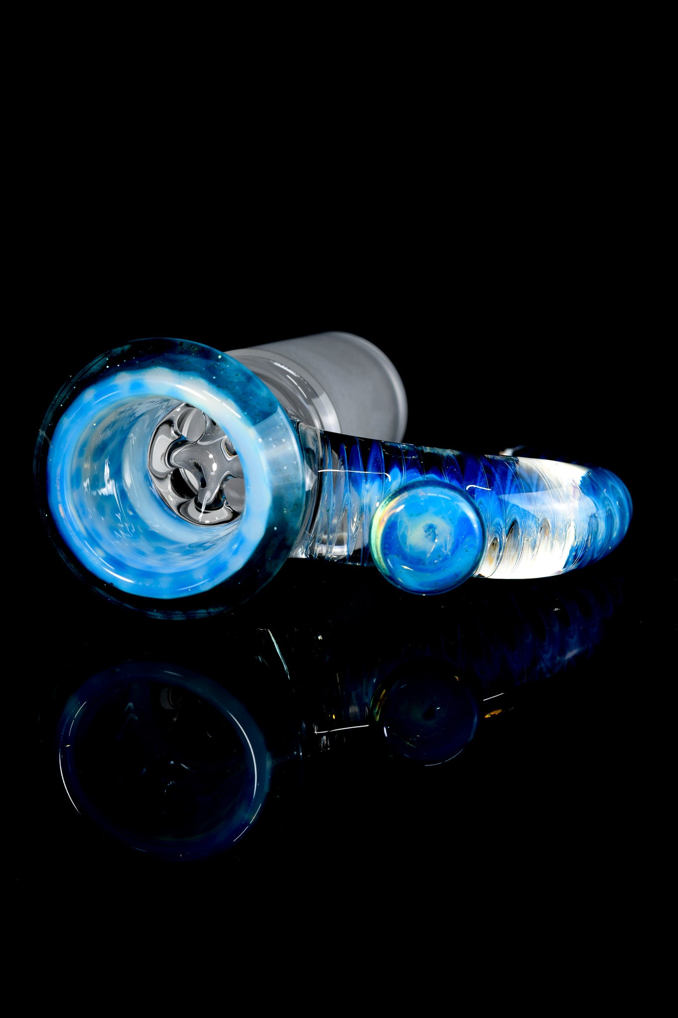 Jamms Glass - 18mm 4 Hole Honeycomb Slide W/Cane Handle - Blue Stardust Over Ghost