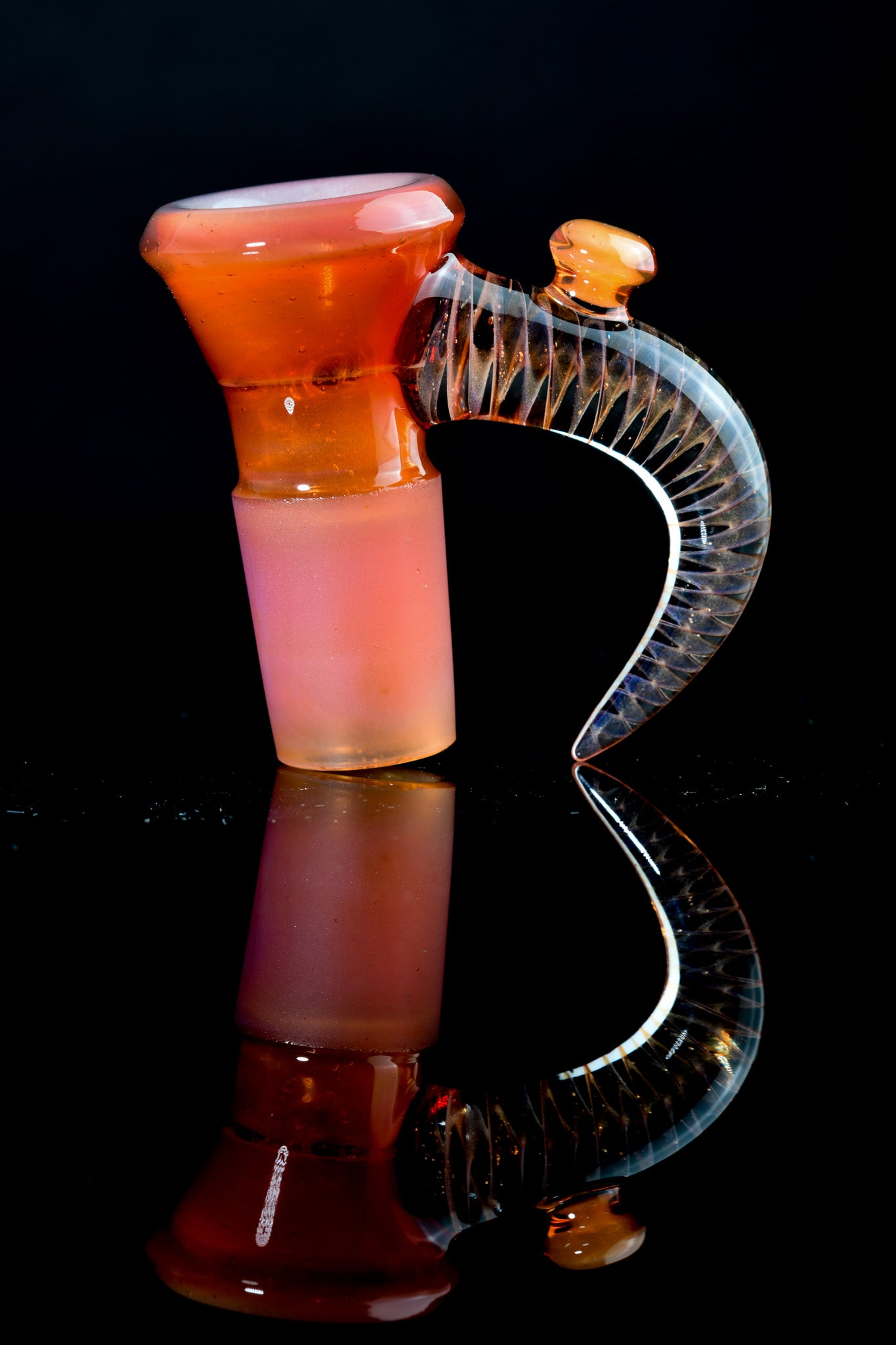 Jamms Glass - Fully Worked 18mm 4 Hole Slide W/Cane Handle - Orange Rainbow Over Icy White Satin